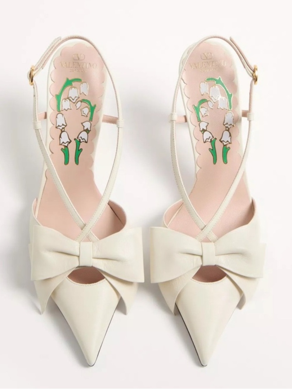 Valentino Garavani Cream Bow Pointed Slingback Heels in Kidskin